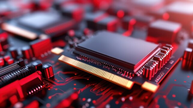 An abstract view of a futuristic circuit board adorned with glowing red components, symbolizing the advanced technology and innovation of modern electronics.