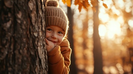 A cheerful child peeks from behind a tree, illuminated by warm autumn light, capturing the innocence and joy of childhood in a beautiful natural setting.