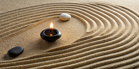 Delicate patterns in finely raked sand surround a burning candle and two smooth stones, evoking a serene atmosphere perfect for meditation and reflection