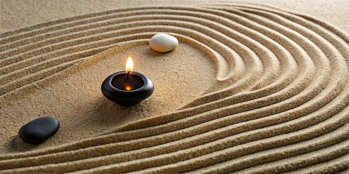 Delicate patterns in finely raked sand surround a burning candle and two smooth stones, evoking a serene atmosphere perfect for meditation and reflection