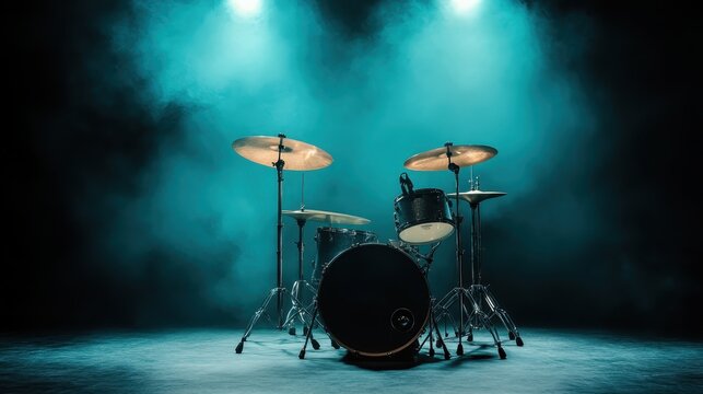 A striking image of a drum set illuminated by dramatic blue lighting and fog. The contrast enhances its artistic appeal, perfect for music-related projects and themes. - Powered by Adobe
