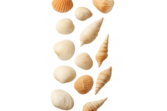 Seashells cascading softly, floating against clean white space, representing summer marine aesthetics and coastal design elements
