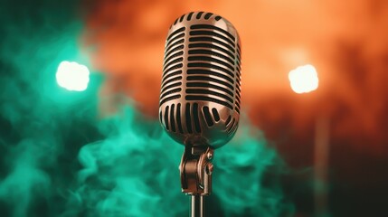 A close-up of a vintage microphone set against a dramatic backdrop, capturing the essence of music and the excitement of live performances in a creative way.