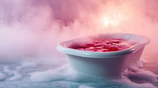 A captivating scene of a luxurious bathtub filled with rich bubbles and soft mist, exuding a sense of relaxation and indulgence in a tranquil setting.