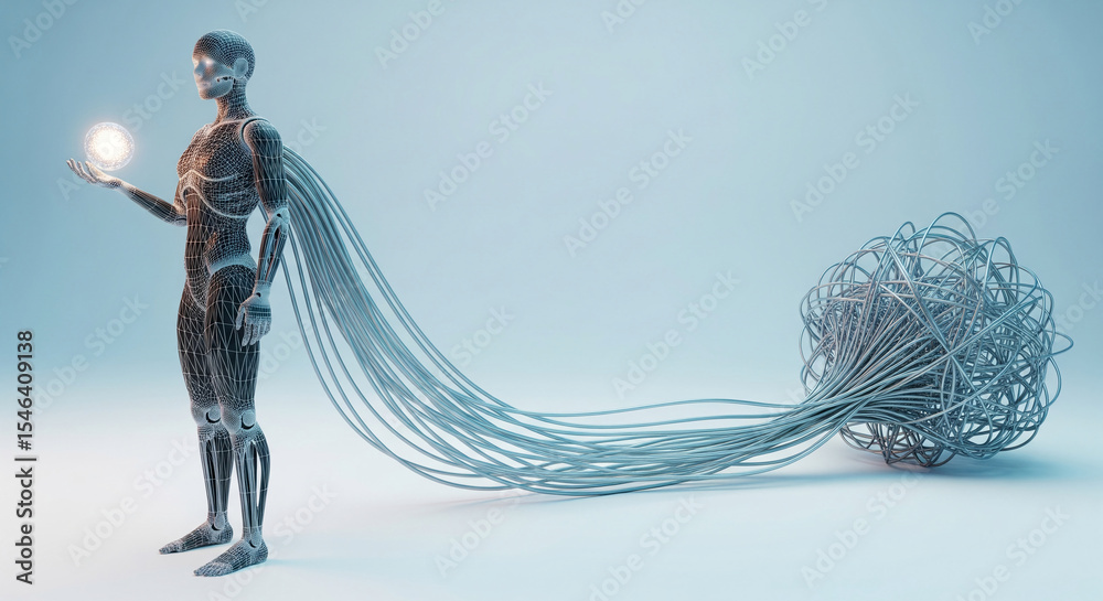 Poster Wireframe robotic figure holding glowing orb, connected by numerous cables to a tangled mass, suggesting artificial intelligence or network connection