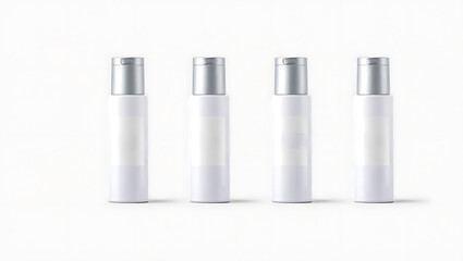 Four White Cosmetic Bottles with Silver Caps and Blank Labels on White Background Studio Shot Product Packaging