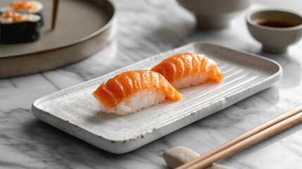 A single sushi nigiri placed on a rectangular white ceramic tray with minimalist chopsticks beside it.
