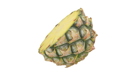 A cut pineapple showcasing its textured exterior and juicy interior, ideal for culinary uses or tropical-themed designs.
