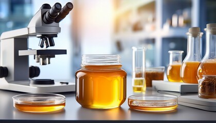 honey jar placed in a science lab with a microscope and petri dish