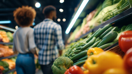 Couple stands close together while browsing vibrant vegetables in supermarket. Bright and inviting food display enhances health-conscious shopping experience