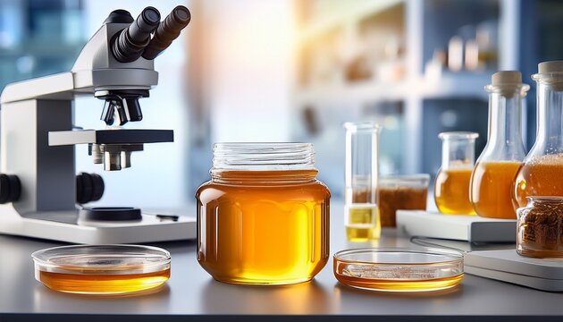 honey jar placed in a science lab with a microscope and petri dish