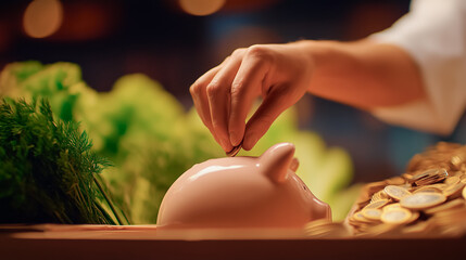 Hand inserts coin into pink piggy bank amidst vibrant vegetables on a wooden table. Warm, inviting market atmosphere conveys themes of savings and healthy choices