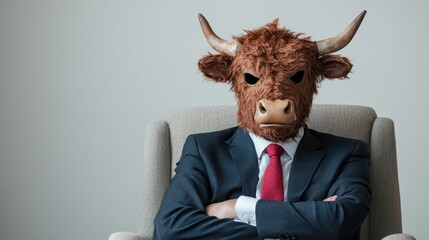 A striking representation of a businessman wearing a bull mask, sitting confidently in an office setting, symbolizing power dynamics and corporate intrigue.