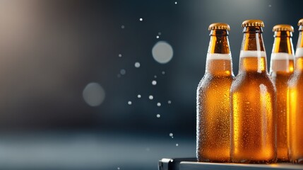 A nostalgic image of glass beer bottles is captured with effervescent bubbles rising, evoking feelings of relaxation and enjoyment during gatherings or celebrations.