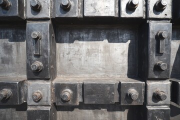 This close-up image features a dark industrial metal door with visible screws and bolts. The rugged texture of the metal panels adds to the gritty aesthetic of the design.