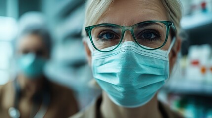 A confident pharmacist wearing glasses and a mask stands behind a pharmacy counter, emphasizing health, safety, and professionalism in a clinical environment.