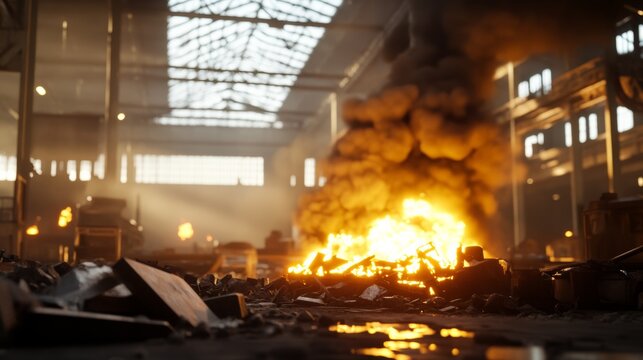 post-apocalyptic industry zone in flames, ruined warehouse with thick smoke