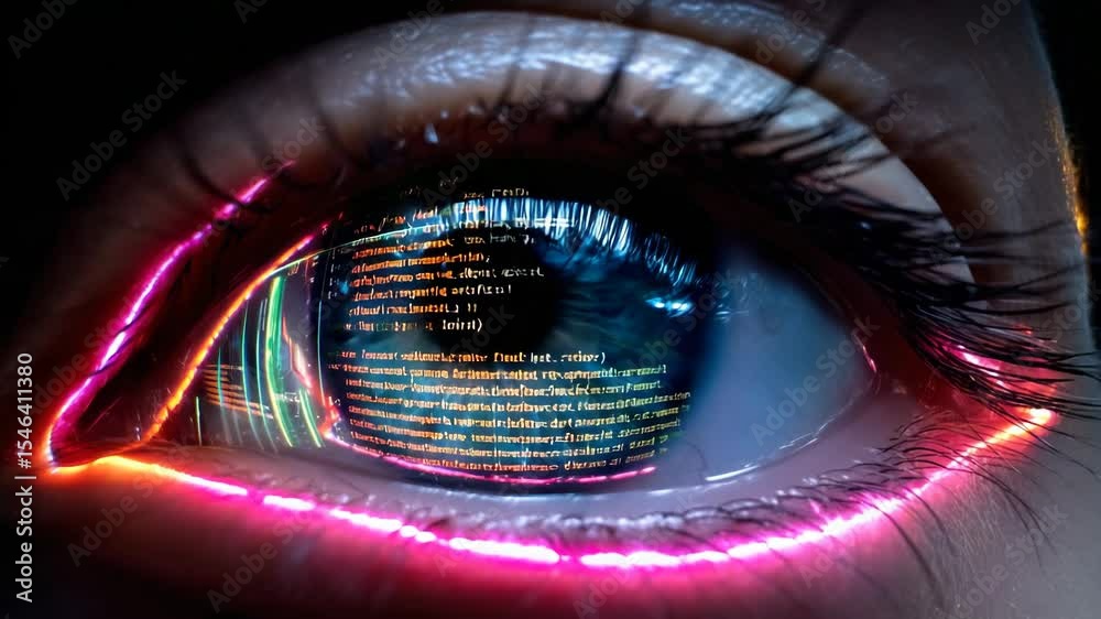Aufkleber a close-up of an eye with neon lights reflecting in the iris, showing computer code and data flowing
