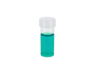 Clear test tube with bright turquoise liquid and white screw cap for laboratory and science use