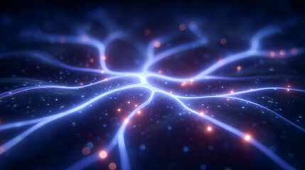Glowing neural connections weave through a dark expanse, creating an abstract representation of brain activity. Concept of neuroscience, technology, digital artistry