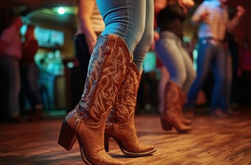 Close-up of cowboy boots resting on a rustic wooden dance floor capturing the essence of country line dancing culture
