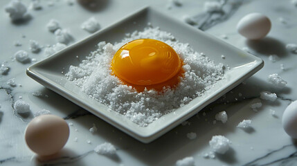 A solitary egg yolk centered on a white square plate with fine salt grains scattered around it, gallery-style composition.
