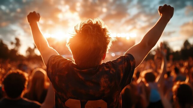 A concert-goer stands with arms raised in joy against the vibrant glow of festival lights, capturing the essence of music, energy, and shared experiences in live entertainment.