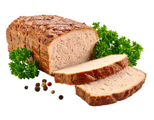 Sliced meatloaf with fresh parsley and colorful peppercorns on a white background for culinary use