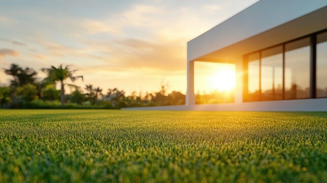 A breathtaking sunset illuminates a perfectly manicured lawn next to a sleek modern building, showcasing nature's beauty and human architectural achievement in harmony.