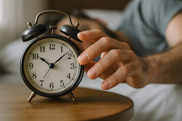 A close-up of a young adult man's hand reaches for an old-fashioned alarm clock on a wooden nightstand beside a bed
