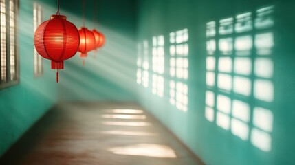 Red lanterns hanging in a teal wall room create captivating shadows, embodying artistic charm and cultural depth, inviting viewers to experience warmth and tradition in design.