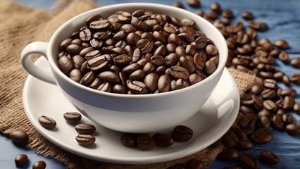 Fototapeta premium Rich Aromatic Coffee Beans in a White Cup Indulge in the Perfect Brew