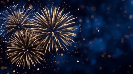 Fireworks explode in vibrant colors against a dark night sky, illuminating the surroundings with shimmering sparks. Concept of celebrations, new year events, party planning