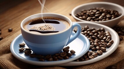 Aromatic Cup of Coffee Steaming Brew with Roasted Beans