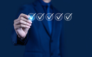 
Businessman checking checkbox, Business performance checklist concept, Survey, Check off...