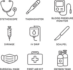Medical Equipment and Hospital Tools – Black and White Outline Vector Icon Set