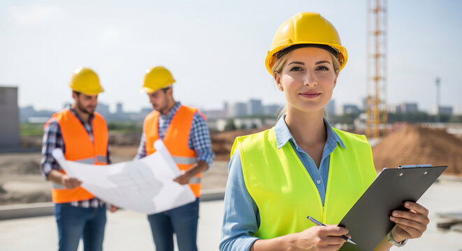 Focused female engineer, yellow helmet, bright vest, holding clipboard, construction site background, showcasing competence and professionalism in architecture or engineering