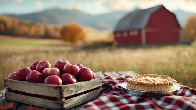 This delightful image showcases freshly picked apples alongside a homemade pie, set against a picturesque autumn backdrop, evoking feelings of warmth, comfort, and seasonal flavors.