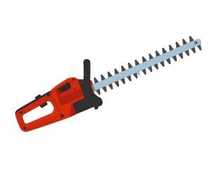 Fototapeta premium Bright Red Electric Hedge Trimmer with Steel Blade for Gardening and Landscape Maintenance
