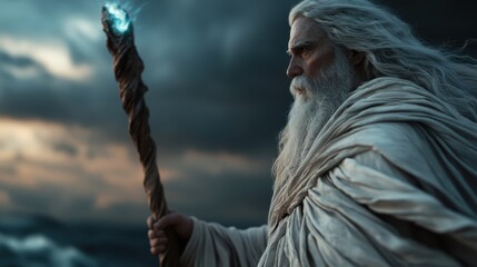 A mythical figure with flowing white hair and a staff embodies power and wisdom, capturing the essence of myth and folklore in an evocative, dramatic visual narrative.