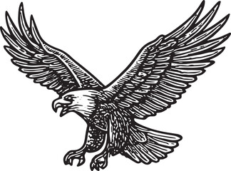 An eagle soaring with wings spread, illustrated in black-and-white woodcut, symbolizing American freedom and wildlife majesty