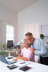 Asian Older Couple Using Laptop at Home Office Together Retirement Lifestyle Elderly Couple Working...