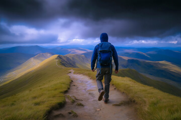 Fototapeta premium Hiker treks along meandering path in rugged landscape. Mountainous backdrop shrouded in clouds creates moody atmosphere, showcasing outdoor adventure. Concept of hiking, exploration, nature tourism