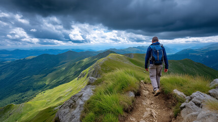Fototapeta premium Hiker walks on rocky path through lush green hills with dramatic clouds overhead. Scenic mountain setting offers stunning panoramic views. Concept of adventure, outdoor recreation, wellness