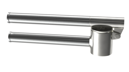 A metallic kitchen tool designed for efficiently pressing garlic or similar ingredients.