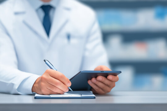 Health professional writes on notepad while using tablet in bright pharmacy environment. Clean, organized shelves visible. Concept of healthcare, pharmacy practice, medical consulting