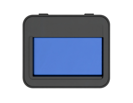 Black electronic device with blue screen display on isolated background for tech and design concepts