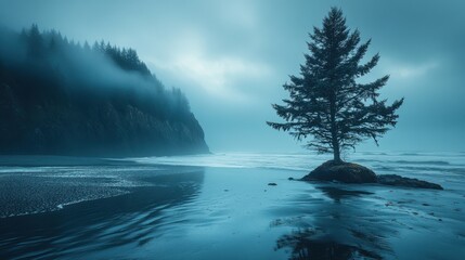 A solitary evergreen tree stands on a rocky outcrop on a misty, overcast day at the edge of the ocean with calm water reflecting the moody blue sky