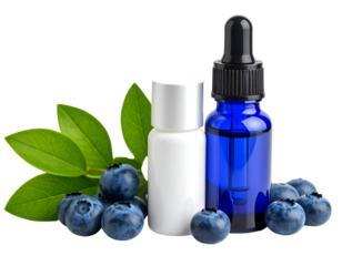 Blueberry Extract with Glass Dropper Bottle and White Cosmetic Container Surrounded by Fresh Blueberries