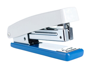 White Desktop Stapler on Blue Base with Metal Mechanism for Office Use and Stationery Supplies